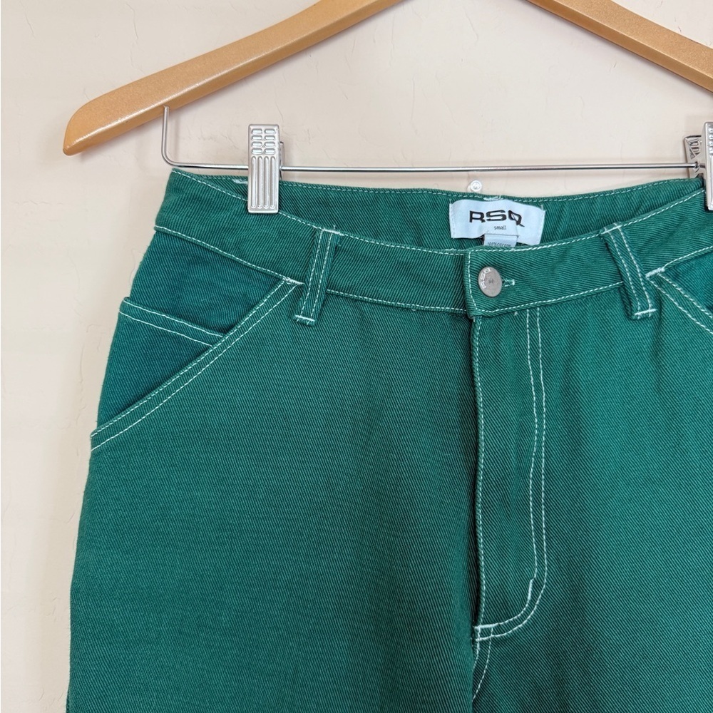 Tilly’s RSQ High Rise Wide Leg Carpenter Painter Jeans Kelly Green Spring - Picture 3 of 6